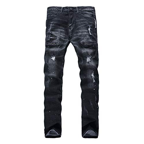 YFFUSHI Mens Ripped Distressed Stretch Jeans Pants Skinny Slim Fit Straight Leg Fashion Pants Black