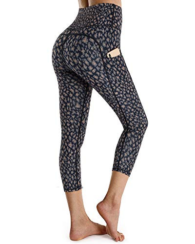 OUGES Womens High Waist Pockets Yoga Pants Running Pants Workout Leopard Capris Leggings-Leopard E Capris-20inch M-