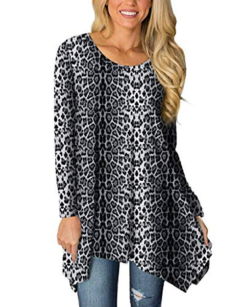 POPYOUNG Womens Fall Long Sleeve Asymmetrical Hem Loose Tunic Tops Flowy Casual Blouses Shirt L  Snow Leopard