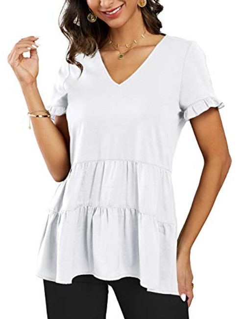 Imily Bela Womens V Neck Peplum Tops Summer Short Sleeve Babydoll Casual Ruffle T Shirt White Imily Bela Womens V Neck Peplum Tops Summer Short Sleeve Babydoll Casual Ruffle T Shirt White