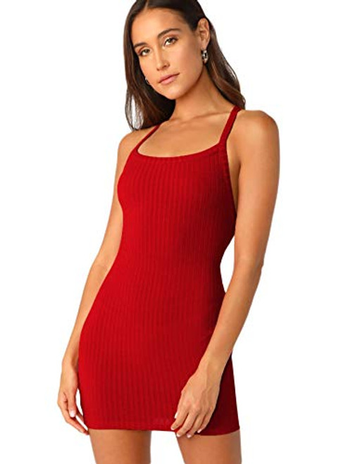 Verdusa Womens Sleeveless Crisscross Backless Ribbed Knit Bodycon Mini Cami Dress Red M