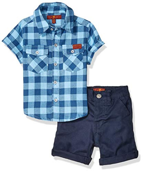 7 For All Mankind Baby Sleeve Plaid Sport Shirt and Twill Short Set  Little Boy Blue Gingham-Navy  18M