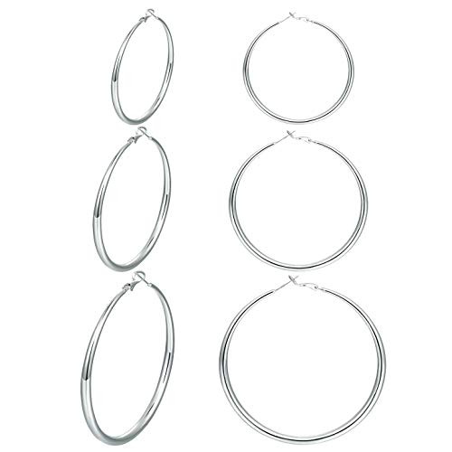 3 Pair 925 Sterling Silver Hoop Earring - Big Silver Hoop Earrings Thick 14K White Gold Plated Hypoallergenic Hoop Earrings Set for Women Girls Gifts