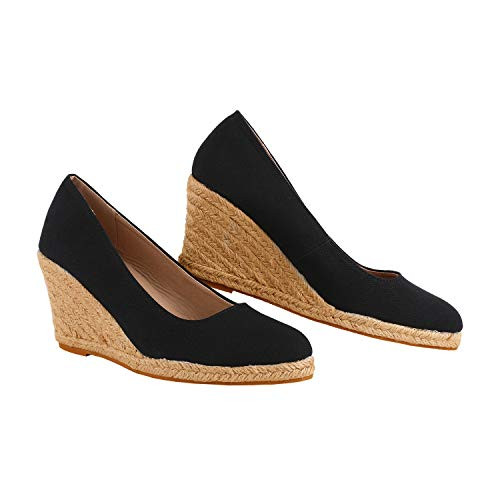 Ruanyu Womens Platform Espadrilles Wedge Sandals Slip On Closed Toe Wedge Pumps Shoes Black