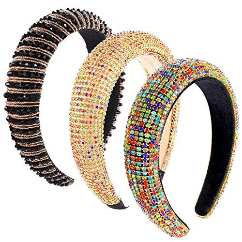 PHALIN 3PCS Padded Rhinestone Headbands Baroque Crystal Embellished Hairbands Bejewelled Headbands Beaded Wide Velvet Hair Hoop for Women Girls -Style