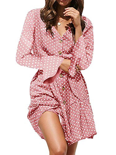 MISSLOOK Womens Polka Dot Button Down Dress Boho V Neck Long Sleeve Shift Dress Ruffle Mini Dresses with Belt Pink Large