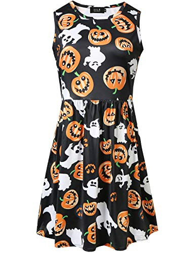 SSLR Womens Printed Pumpkins Dress A-Line Crew Neck Witch Sleeveless Halloween Dress -XX-Large  Black Orange White-