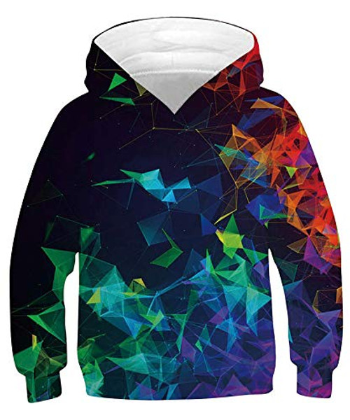 RAISEVERN Hoodies for Boys Girls Teen Kids Long Sleeve Pullover Sweatshirt Cool Graphic Cute Comfy Hoodies Funny 3D Print Hooded Sweatshirts Geometric