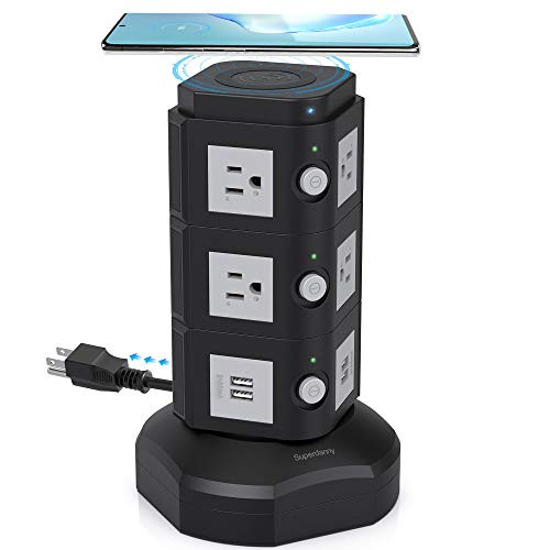 SUPERDANNY Surge Protector Tower with 10W Wireless Charger  Spin Power Strip 13A Vertical Charging Station with 10 AC Outlets-4 USB Slots and 6-5ft Ex