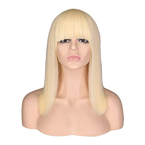 Suqin Short Straight Women Natural Hair Bob Wig with Blunt Bangs Natural Looking Heat Resistant Hair Cosplay Costume Wigs -blonde-