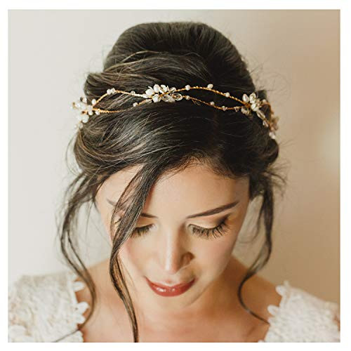 SWEETV Gold Bridal Headpieces for Bride Flower Wedding Headband with Freshwater Pearl Hair Accessories Bohemian Hair Vine