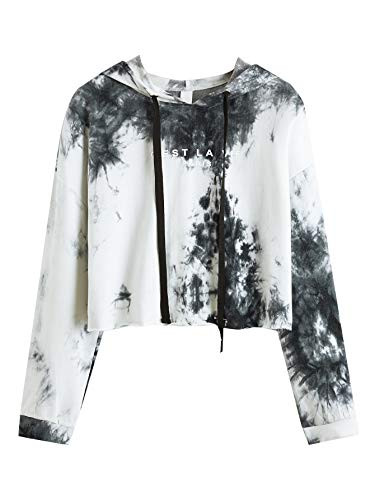 SweatyRocks Womens Tie Dye Long Sleeve Workout Crop Top Sweatshirt Hoodies Black White S