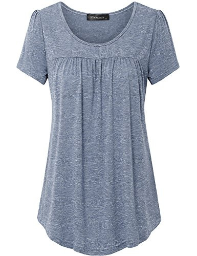 Vinmatto Womens Scoop Neck Pleated Blouse Top Tunic Shirt-M Grey Blue-