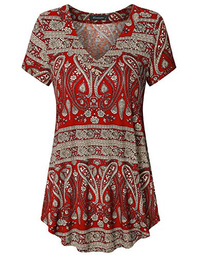 Vinmatto Womens Summer Short Sleeve V Neck Flowy Tunic Top-XXL Multi Red-