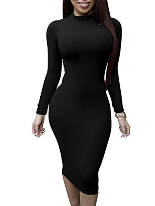 TOB Womens Sexy Long Sleeves Turtleneck Bodycon Stretchy Club Midi Dress Black TOB Womens Sexy Long Sleeves Turtleneck Bodycon Stretchy Club Midi Dress Black