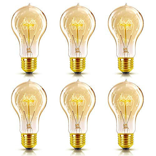 Vintage Edison Bulbs, Dimmable A19 Incandescent Bulb, 60W Squirrel Cage Filament Warm White Bulb, Antique Round Light Bulb E26 Bulb Brass Base 6 Pack Upidlighting