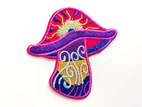 TH Magic Psilocybin Mushroom Pink Biker Rider Motorcycle Logo Applique Embroidered Sew on Iron on Patch for Backpacks Jeans Jackets Clothing etc-