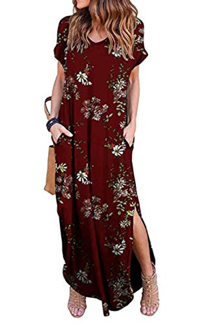 Women Summer Casual Maxi Dress Loose Pockets Short Sleeve Split Boho Dresses Winefloral XL Women Summer Casual Maxi Dress Loose Pockets Short Sleeve Split Boho Dresses Winefloral XL