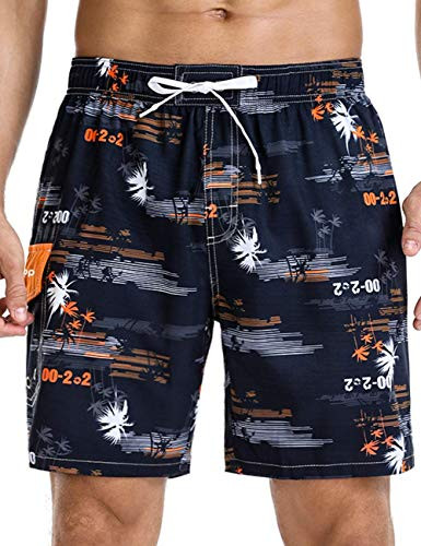 Unitop Mens Swim Trunks Quick Dry Hawaiian Printed Beach Shorts with Lining Black 32