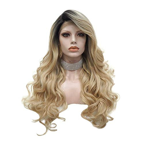 Imstyle Honey Blonde Lace Front Wig Long Body Wave 24 Synthetic Hair Blonde Ombre Wig with Realistic Hairline Free Parting Wig Caps