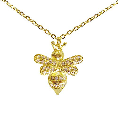 Hiqmic 925 Sterling Silver Bee Rhinestone Pendant Necklace for Women Fashion Jewelry Gifts WK99048-G  16-18 Gold