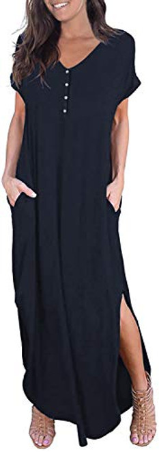 WOOSEA Womens Casual Loose Pocket Long Dress Short Sleeve Split Summer Maxi Dresses Navy Blue WOOSEA Womens Casual Loose Pocket Long Dress Short Sleeve Split Summer Maxi Dresses Navy Blue