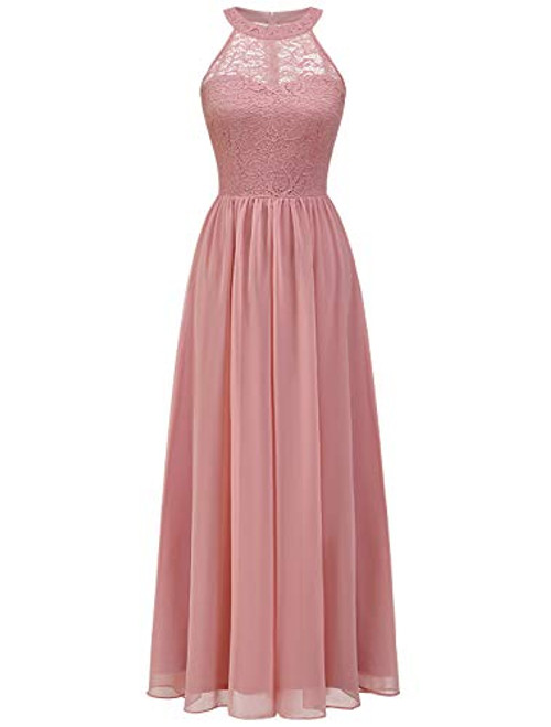 Wedtrend Halter Floral Lace Long Chiffon Bridesmaid Dress Cocktail Party Formal Maxi Dress WT0201Blush2XL