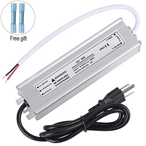LED Driver 60 Watts Waterproof IP67 Power Supply Transformer Adapter 90V-265V AC to 24V DC Low Voltage Output with 3-Prong Plug 3.3 Feet Cable for LED Light, Computer Project, Outdoor Light