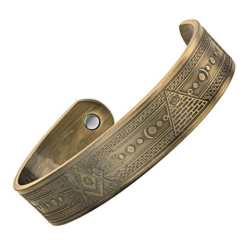 MasonicMan Masonic Mens Pure Copper Magnetic Adjustable Bracelet Bangle -Antique Gold Color with G-
