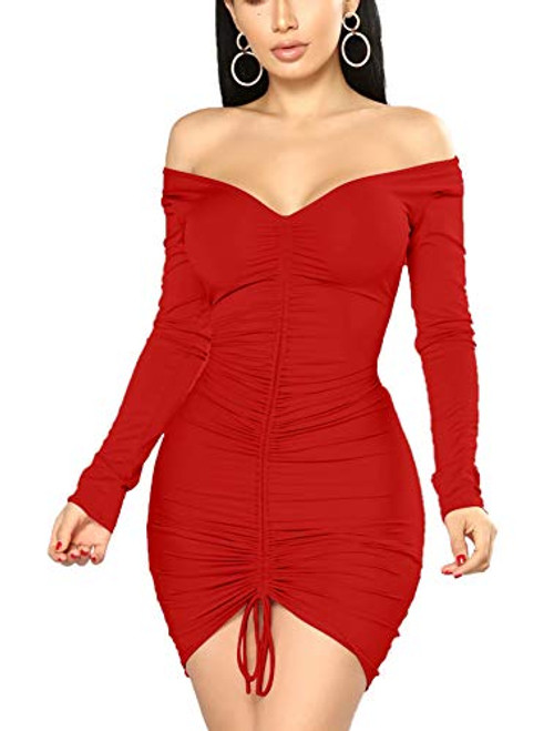 XXTAXN Womens Sexy Elegant Long Sleeve Off The Shoulder Ruched Mini Dress Red