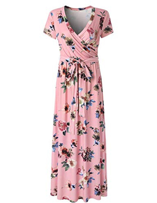 Women Dress Long Sleeve V Neck Floral Print Long Maxi Evening Party Dress D-Pink