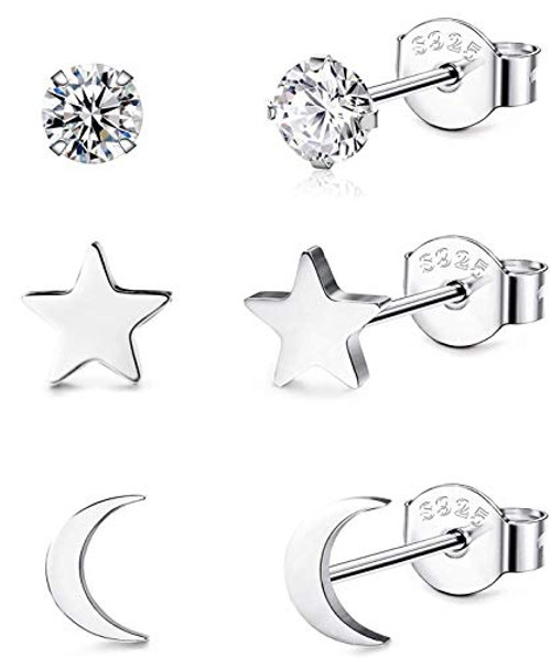 SAILIMUE 3 Pairs 925 Sterling Silver Stud Earrings for Women Hypoallergenic Jewelry for Sensitive Ears Tiny Stud Earrings Cubic Zirconia Moon Star Ear