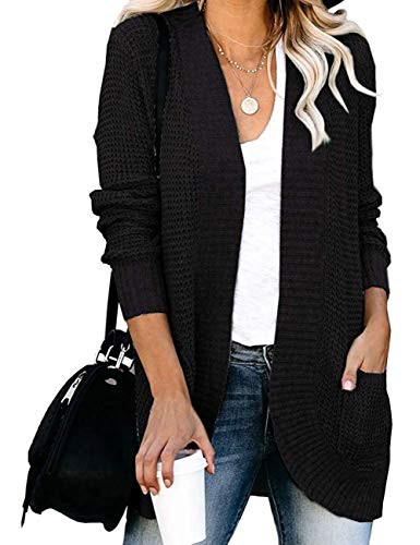 YIBOCK Womens Casual Open Front Knit Cardigans Long Sleeve Waffle Sweater Coat with Pockets Black