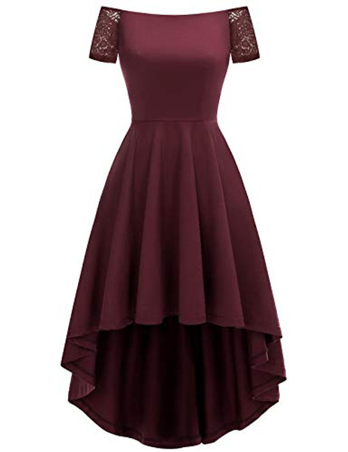 YOYAKER Womens Vintage Floral Lace Off Shoulder Bridesmaid Dress Evening Cocktail Party Dresses Burgundy XS