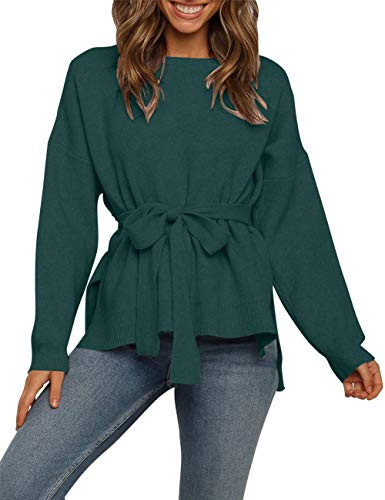 ZESICA Womens Long Sleeve Crew Neck Solid Color Side Split Oversized Knit Pullover Sweater Jumper Tops with Belt Green