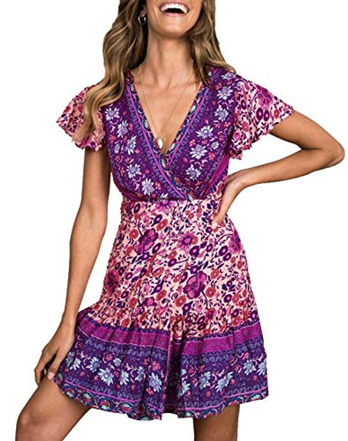 ZESICA Womens Summer Wrap V Neck Bohemian Floral Print Ruffle Swing A Line Beach Mini Dress Purple