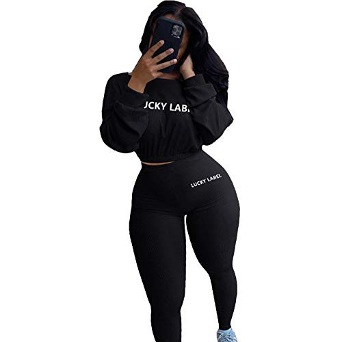 Women 2 Piece Outfits Sweatsuit Set Ribbed Long Sleeve Crop Top Bodycon Pants Tracksuit Jogger Set Black 2X
