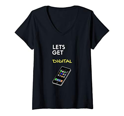 Womens Geek Shirts for Men - Lets Get Digital - Funny Social Media V-Neck T-Shirt