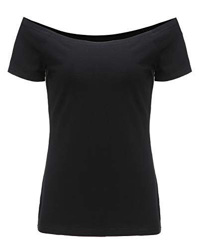 Womens Off Shoulder T-Shirt Short Sleeve Top Sexy Strapless Solid Color Blouse -X-Large  Black-