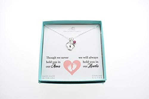 Baby Footprints Charm Pendant with Pink Swarovski Crystal in Sterling Silver on 18 Sterling Silver Cable Chain with 2 extender- Bereavement Gift