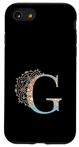 iPhone SE -2020- - 7 - 8 Teal Blue Mandala with Letter G Monogram Initial on Black Case