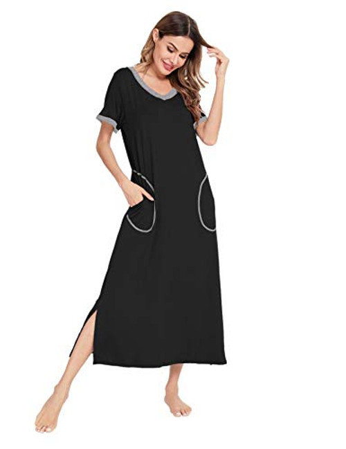 SWOMOG Womens Long Housecoat Short Sleeve Nightgown V Neck Night Dress Full Length Robe with Pockets Black