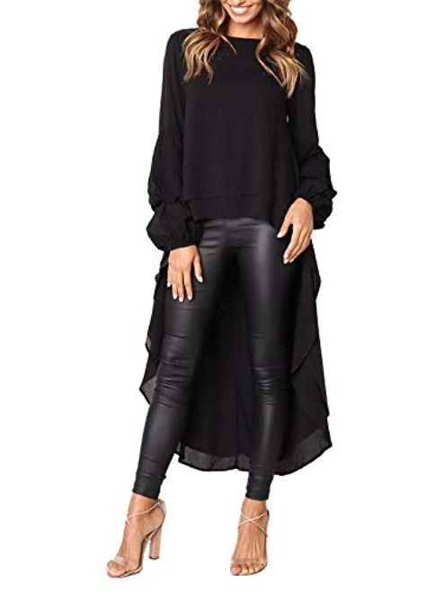 MISSLOOK Womens Lantern Long Sleeve Tops High-Low Hem Tunic Round Neck Asymmetrical Irregular Hem Casual Blouse Shirt Dress - Black S