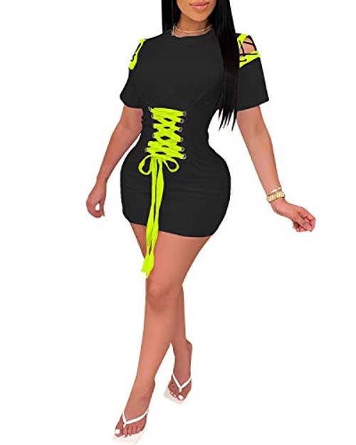 Womens Sexy Club Bodycon Mini Dress Mini T-Shirt Club Dress Cross-Tie Skinny Dress -Black XXL- Womens Sexy Club Bodycon Mini Dress Mini T-Shirt Club Dress Cross-Tie Skinny Dress -Black XXL-