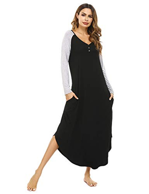 Aibrou Long Nightgowns for Women Loose Long Sleep Dress Long Sleeve Sleepshirts Full Length Loungewear Dress Black XX-Large