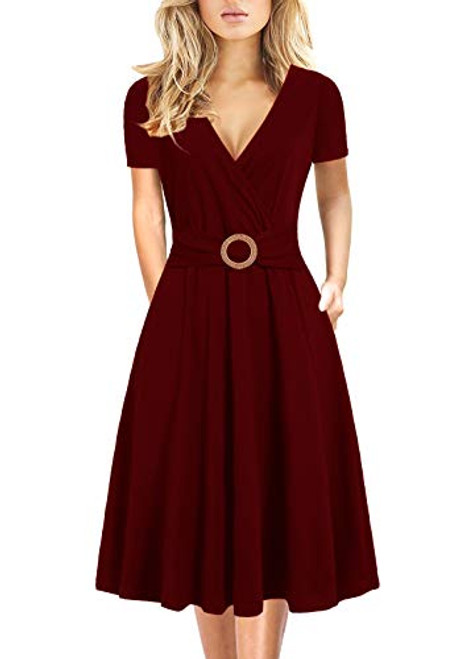 Beautiful Dress for Women Criss-Cross Faux Cross Wrap Vintage Short Sleeve Solid Work Casual Party Tea A Line Dress with Pockets 980 Burgundy L