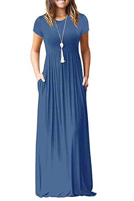 AUSELILY Women Short Sleeve Loose Plain Casual Long Maxi Dresses with Pockets -M  Beja Blue-