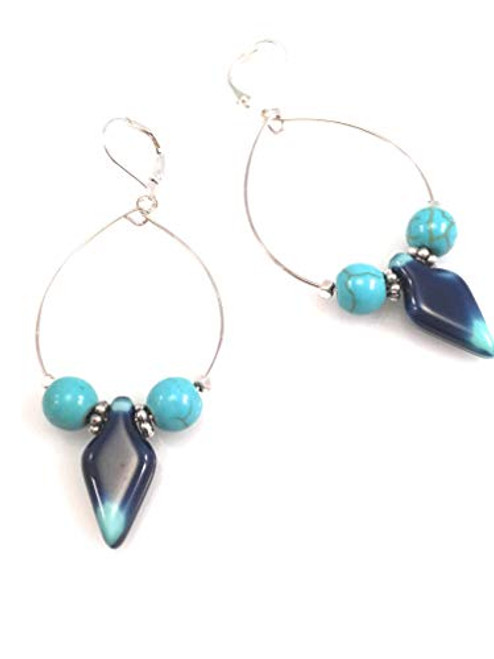 Navy Blue and Aqua Czech Glass Loop Earrings Navy Blue and Aqua Czech Glass Loop Earrings