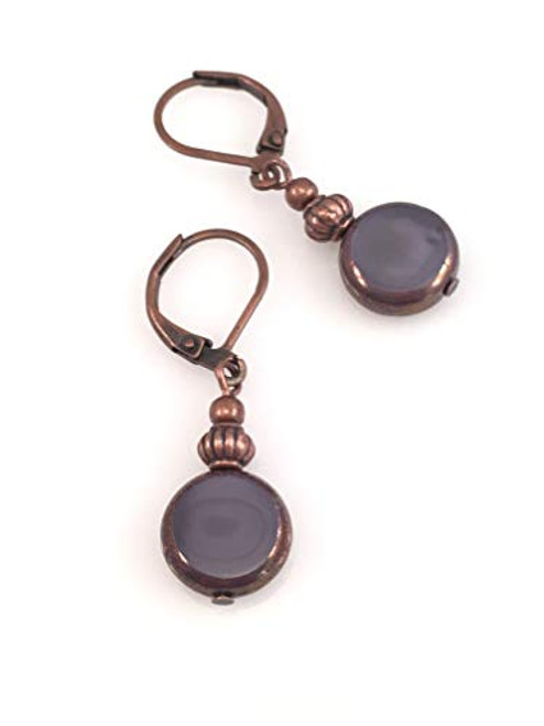 Purple Czech Glass Round Button Bead with Antiqued Copper Lever Back Earrings