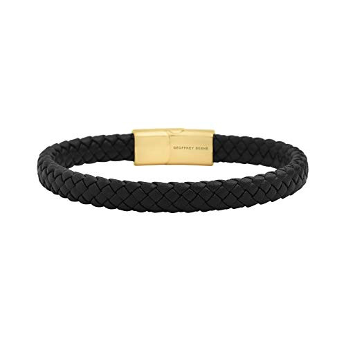 Geoffrey Beene Mens Braided Genuine Leather Bracelet with Stainless Steel Magnetic Closure -Gold-